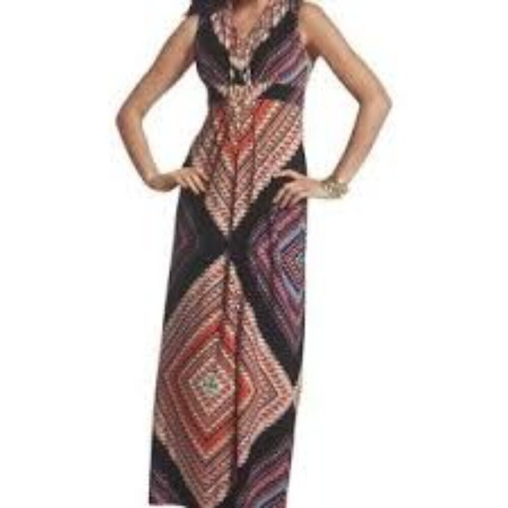 CHICO'S Diamon Print Jasmina Maxi Dress Sz 2 (US Sz Large) EUC